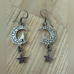 Vintage Taxco Mexico Sterling Silver Crescent Moon Star Coyote Dangle Earrings